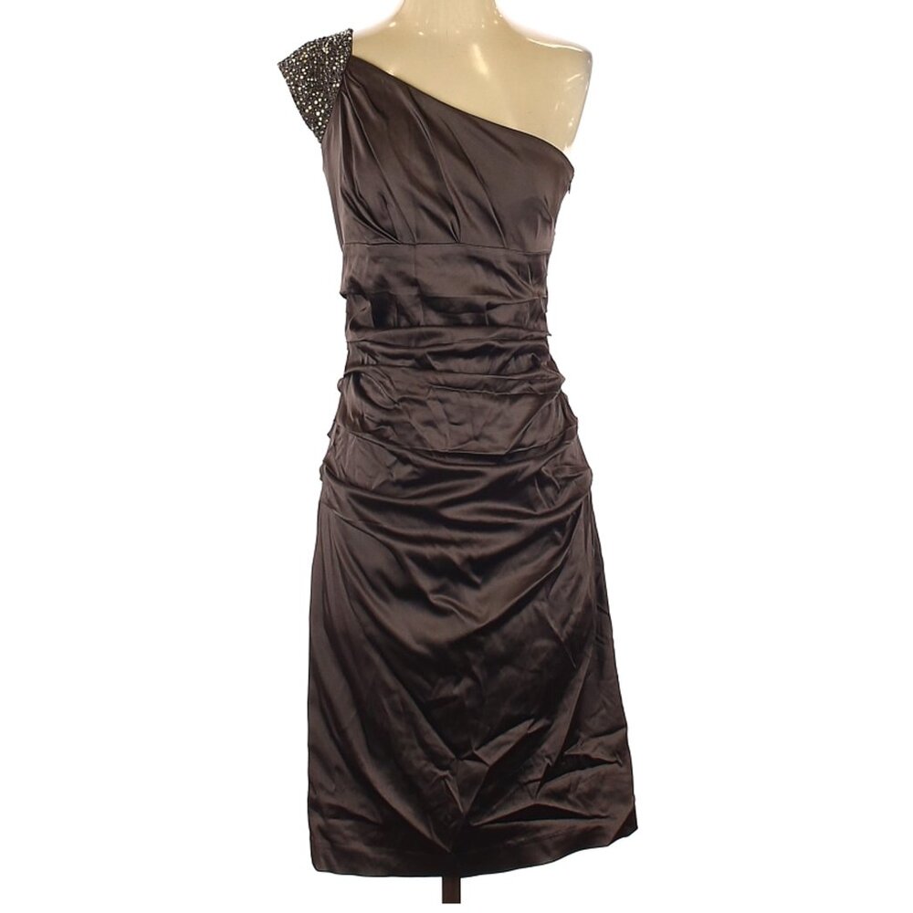 SUZI CHIN FOR MAGGY BOUTIQUE dress satin brown sz 4   one shoulder  dress